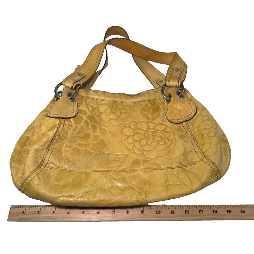 Fossil Bag Yellow Leather Shoulder Bag Embossed Floral Rose Tooled Boho VTG Y2K - Picture 3 of 11